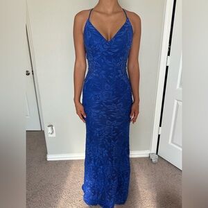 La Femme Royal Blue Lace Maxi Dress